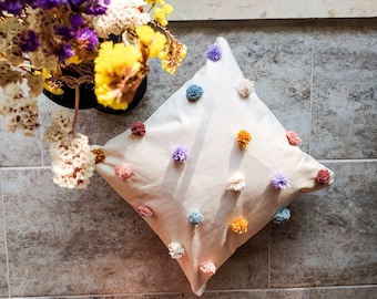Colorful Pom Pom Pillow Cover: Handmade Cotton Cushion
