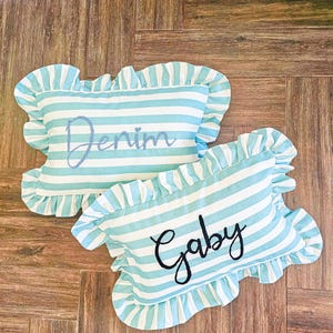 Custom Blue Striped Ruffle Name Pillow for Kids, Personalized Ruffle Name Pillow, Unique Baby Gift, Kids Room Decor