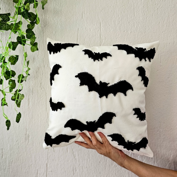 Punch Needle Halloween Black Bat Throw Pillow, Embroidery Halloween Bat Pillow Cover, Halloween Decor , Boy Gift