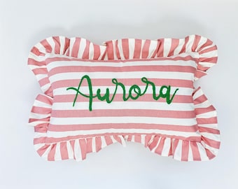 Personalized Pink Striped Ruffle Name Pillow Case, Custom Ruffle Slogan Pillow Cover