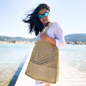 Crochet Raffia Big Shopper Tote Bag, Beige Summer Shoulder Tote Bag, Beach bag