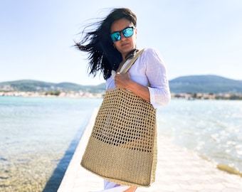 Gehäkelte Große Einkaufstasche aus Bast, Beige Sommer- Schultertasche, Strandtasche häkeln