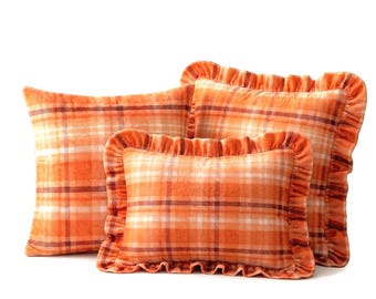 Orange Plaid Ruffle Pillow Cover, Fall Farmhouse Cushion, Autumn Home Decor