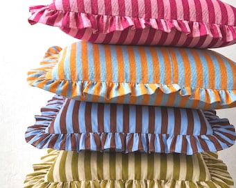 Striped Ruffle Pillow Cover, Colorful Cottagecore Cushion, Custom Size, Eclectic Decor