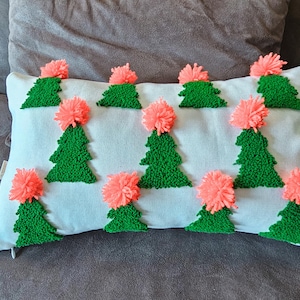 Punch Needle Christmas Tree Lumbar Pillow Case with Pink Pom poms, Christmas Pink Home Decor, Christmas Gifts, READY TO SHIP