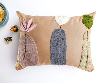Handmade Floral Embroidered Linen Lumbar Pillow Cover: Farmhouse Decor