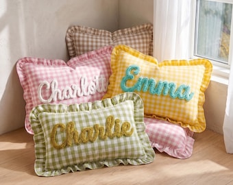 Personalized Gingham Name Pillow, Custom Ruffle Cushion Cover, Kids Room Decor