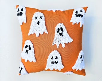 Punch Needle Halloween Spooky Orange Pillow Case, Handmade Halloween Boo Ghost Cushion, Halloween Decor