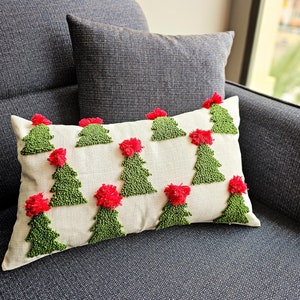 Handmade Christmas Green Tree Lumbar Pillow Case with Red Pom poms, Christmas Home Decor