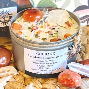 COURAGE-Confidence-Empowerment Natural Soy Wax Essential Oils Crystal Intention Candle-Carnelian-Quartz Crystal