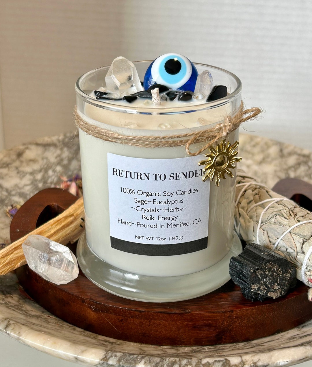 RETURN TO SENDER Evil Eye Candle Crystal Intention Natural Soy Wax Pure Essential Oils Candle
