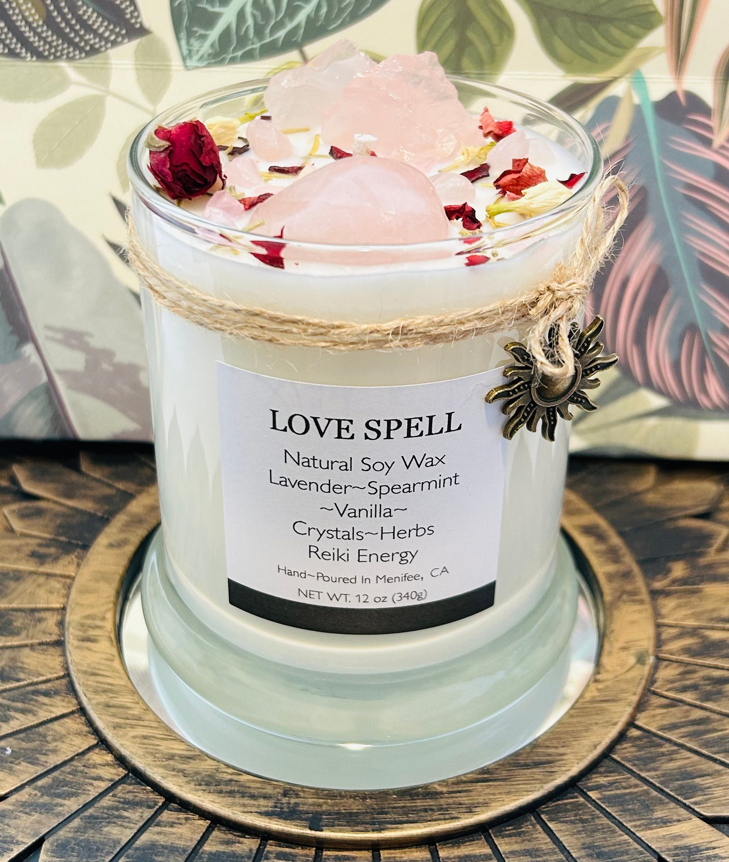 Handmade Organic Soy Wax Candle - Love Spell Rose Quartz, Lavender
