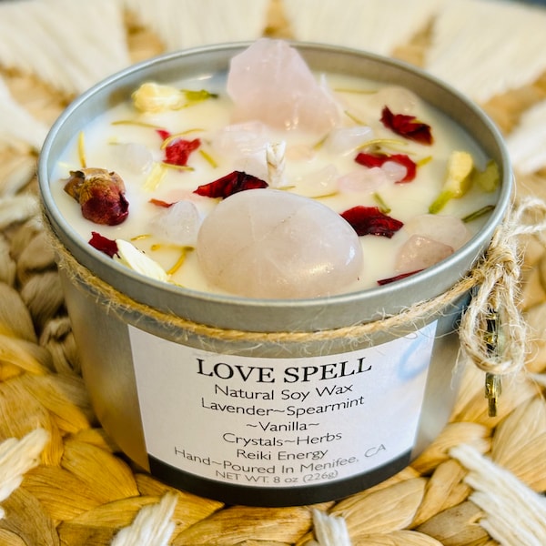 LOVE SPELL-Natural Soy Wax Essential Oils Crystal Intention Candle- Soulmate-Twin Flame-Love Bonding-Romantic-Love Spell Candle