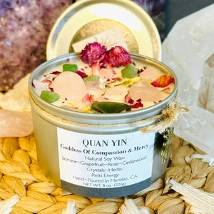 Quan Yin-Goddess Of Compassion and Mercy-Natural Soy Wax Essential Oils Crystal Candle-Spiritual-Intention Candles
