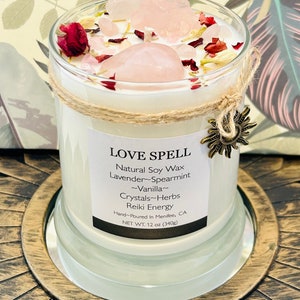 LOVE SPELL Candle-Natural Soy Wax Essential Oils Crystal Intention Candle- Soulmate-Twin Flame-Love Bonding-Romantic-Love Spell Candle