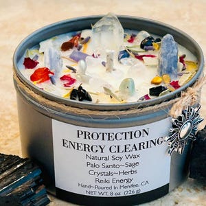 Protection Energy Clearing-Cleansing-Natural Soy Wax Pure Essential Oils Candle-Intention Candle-Sage-Palo Santo-Crystal Candle
