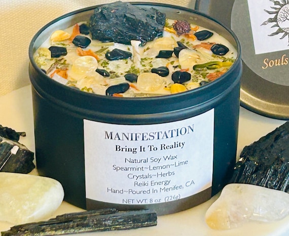 Manifestation Candle-Manifesting Intention Candles-Bring Your Thoughts and Dreams to Reality-Citrine Black Tourmaline-Black Obsidian
