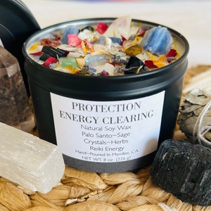 Protection Energy Clearing-Cleansing-Natural Soy Wax Pure Essential Oils Candle-Intention Candle-Sage-Palo Santo-Crystal Candle