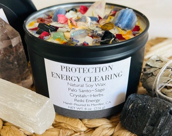 Protection Energy Clearing-Cleansing-Natural Soy Wax Pure Essential Oils Candle-Intention Candle-Sage-Palo Santo-Crystal Candle