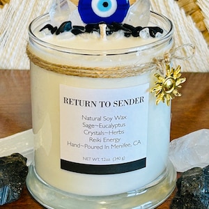 RETURN TO SENDER- Evil Eye Candle- Crystal Intention Natural Soy Wax Pure Essential Oils Candle-Protection Candle-Nazar Candle
