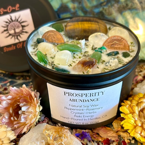 PROSPERITY-Abundance-Natural Soy Wax Pure Essential Oils Crystal Intention Candle-Wealth-Money-Finances-Spiritual Abundance