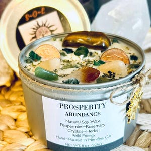 PROSPERITY-Abundance-Natural Soy Wax Pure Essential Oils Crystal Intention Candle-Wealth-Money-Finances-Spiritual Abundance