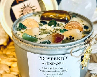 PROSPERITY-Abundance-Natural Soy Wax Pure Essential Oils Crystal Intention Candle-Wealth-Money-Finances-Spiritual Abundance