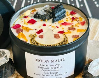 Moon Magic Soy Candle, Essential Oils, Crystals, 8oz