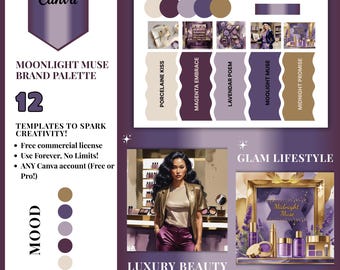 Plantillas de Canva de la paleta de colores Moonlight Muse: Kit de marca morado y dorado (licencia comercial) (descarga digital)