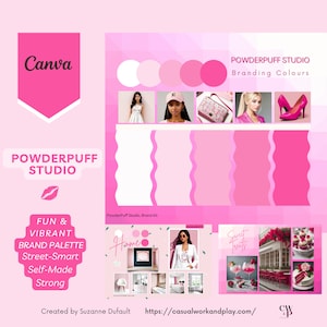 Paleta de colores de marca en rosa vibrante, tipografía, kit de marca, pequeña empresa, paleta de colores Canva, tablero de estado de ánimo, #PowderPuff Studio