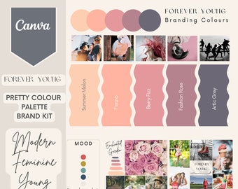 Peut inclure: Une palette de couleurs de marque intitulée "FOREVER YOUNG" avec le texte "PRETTY COLOUR PALETTE BRAND KIT". La palette comprend des couleurs comme Summer Melon, Fresno, Berry Fizz, Fashion Rose et Artic Grey. L'image comprend également le logo Canva et le texte "Modern Feminine Young".