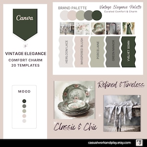 Op de afbeelding: Een Canva grafisch ontwerp met een vintage elegantie palet. Het ontwerp bevat de tekst "Vintage Elegance Comfort Charm 20 Templates", een moodboard, kleurstalen en afbeeldingen van servies en textiel. Het algemene thema is klassiek en chique.