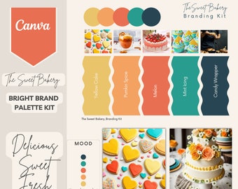 Peut inclure: Kit de marque pour une boulangerie appelée "The Sweet Bakery" avec une palette de couleurs vives. Les couleurs sont le jaune, l'orange, le corail, le bleu sarcelle et le bleu foncé. Le kit comprend un tableau d'humeur avec des cœurs, un gâteau et des cupcakes. Le texte "The Sweet Bakery" est écrit dans une police d'écriture manuscrite.