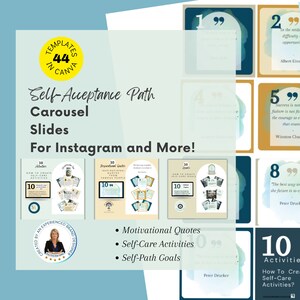 Può includere: Un set di 10 diapositive di carosello Instagram con uno sfondo acquerellato blu e oro. Le diapositive presentano citazioni motivazionali, attività di auto-cura e obiettivi di percorso personale. Il testo "Self-Acceptance Path Carousel Slides For Instagram and More!" è in cima all'immagine. Il testo "Created by an Experienced Brand Designer" è in fondo all'immagine.