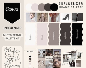 Può includere: Un kit di palette di marca per influencer con uno schema di colori tenui. I colori sono etichettati "Dream", "Cloud", "Penthouse", "Night Life" e "Glamour Girl". Il kit include una mood board con il testo "Modern Stylish Minimal" e "Keep doing what you love."