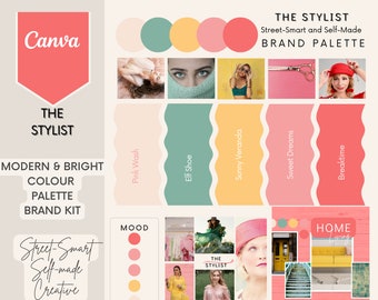 Peut inclure: Une palette de marque avec un schéma de couleurs moderne et lumineux. La palette comprend des couleurs comme le rose, le vert, le jaune et le rouge. Le texte "The Stylist" est présenté dans l'image. Le texte "Street-Smart and Self-Made" est également présenté dans l'image.
