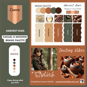 May include: A brand palette featuring a color scheme inspired by harvest hues. The colors are oatmeal, honeyed, chestnut, olive, and cocoa. The image also includes a mood board with a star, circles in various shades of brown, and the text "Keep doing what you love."