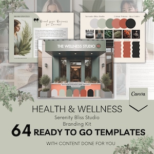 May include: A branding kit for a wellness studio called Serenity Bliss Studio. The kit includes 64 ready-to-go templates with content done for you. The image shows a green storefront with a sign that says "Serenity Bliss Studio Revitalize Your Body, Mind, and Soul Brand Kit". The image also includes a color palette with hex codes.