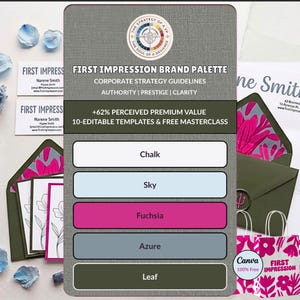 Peut inclure: Un guide de palette de marque First Impression avec un logo circulaire, du texte de stratégie d'entreprise et cinq échantillons de couleurs nommés Chalk, Sky, Fuchsia, Azure et Leaf. Inclut des cartes de visite et des enveloppes à motifs floraux.