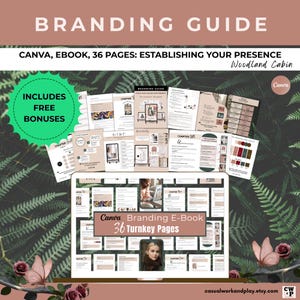 May include: A digital mockup of a Canva branding e-book with 36 pages. The e-book is displayed on a laptop screen and features a woman in a brown sweater. The e-book cover has a light brown background with the text "Canva Branding E-Book" and "36 Turnkey Pages". The image is surrounded by green fern leaves and pink flowers.