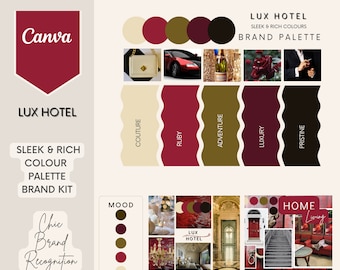Peut inclure: Une palette de couleurs pour un hôtel appelé Lux Hotel. La palette comprend six couleurs : ivoire, bordeaux, vert olive, marron, noir et rouge. Les couleurs sont affichées en cercle avec le nom de la couleur et une description de la couleur sous chaque couleur. La palette de couleurs est également affichée dans un tableau d’humeur avec des images de l’hôtel et de son environnement.