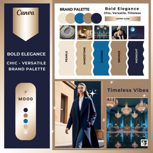 May include: A mood board with a colour palette of beige, blue, and brown. The board features a pearl necklace, a lamp, a dog, a moon, a woman wearing a blue coat, and a chandelier in a room with blue walls. The text "Bold Elegance Chic, Versatile, Timeless" is at the top of the board. The text "Timeless Vibes" is at the bottom of the board.