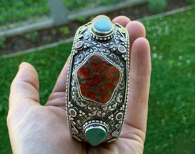 Silver bracelet with coral and turquoise antique
