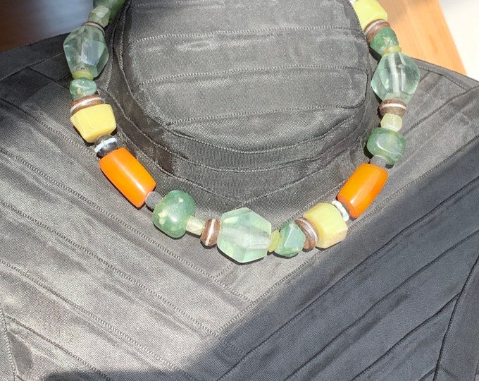 Antique necklace with green jade, lava, glass beads and wooden beads