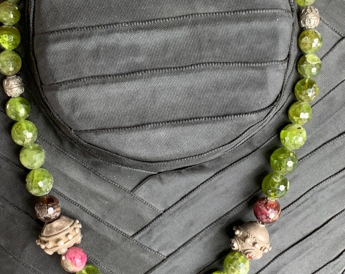 Antique Peridot Necklace with Tourmaline Pearls and Antique Silver Parts