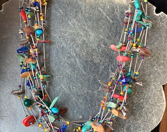 Necklace 10 strands with coral, turquoise, malachite, jasper, amber and silver 925