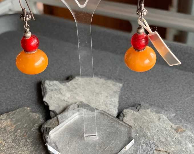 Silver earrings with amber and glass stone