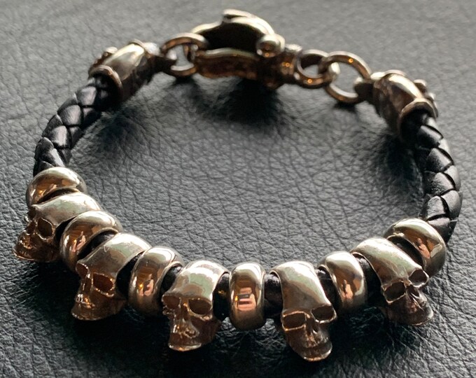 Leather bracelet with skull made of 925 silver by Elf Craft