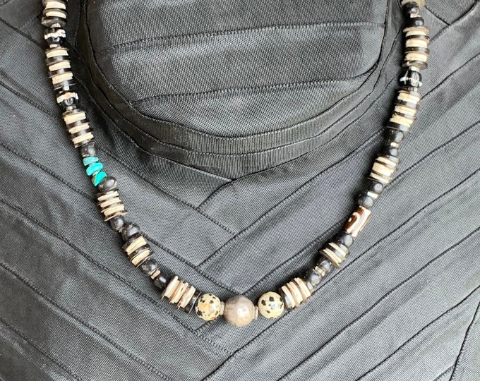 Necklace with shell plates, coconut plates, Dalmatian and African pearls, turquoise and antique silver parts
