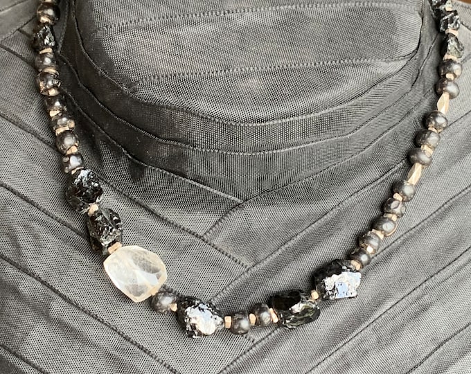 Necklace with hematite, rock crystal and antique silver parts